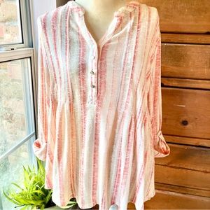 New Directions 2X Tunic Peachy Ivory Striped Roll Tab Sleeves Henley Neckline